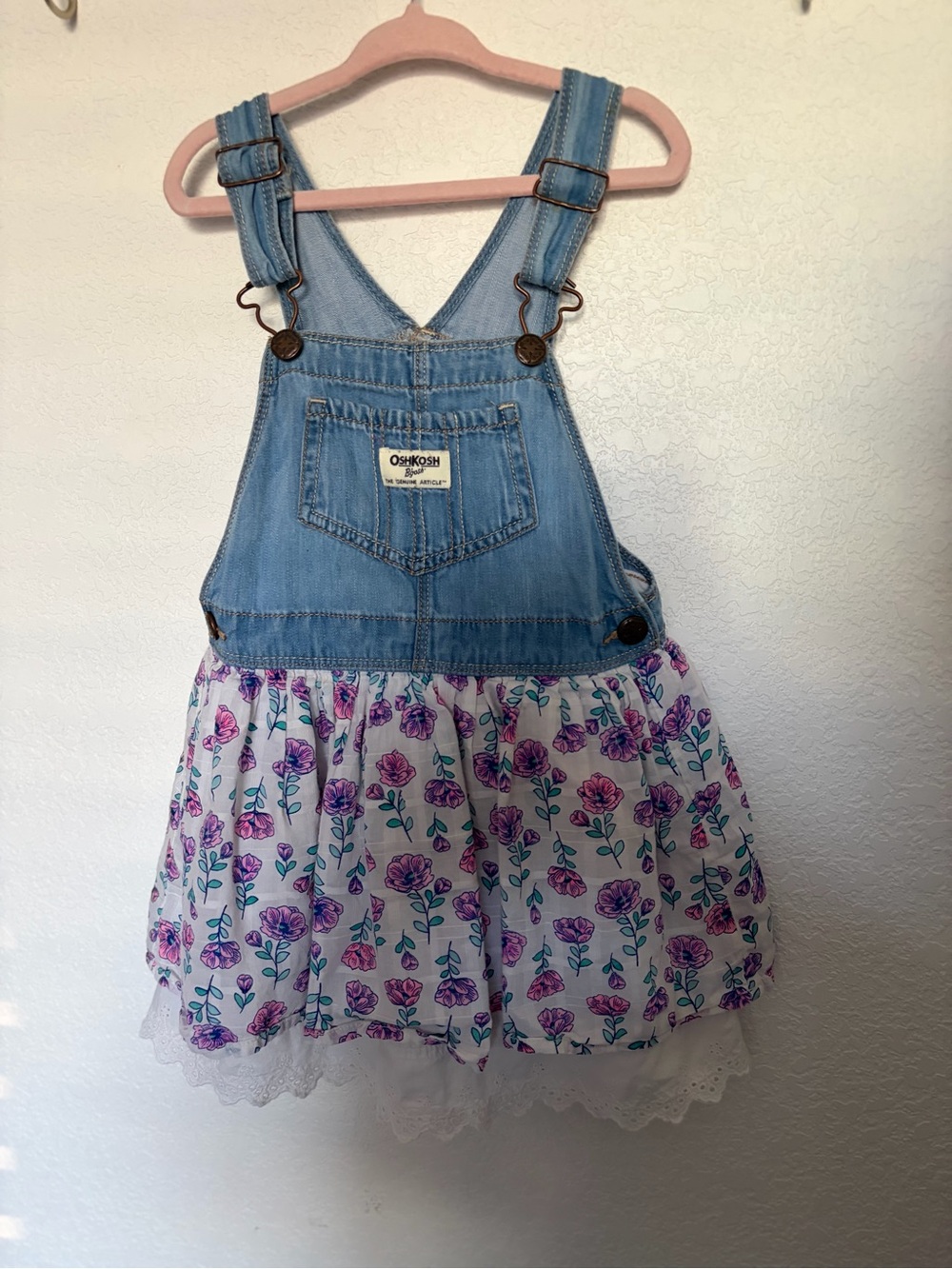 OshKosh B'gosh Denim Floral Skirt Overalls - Blue, White & Purple